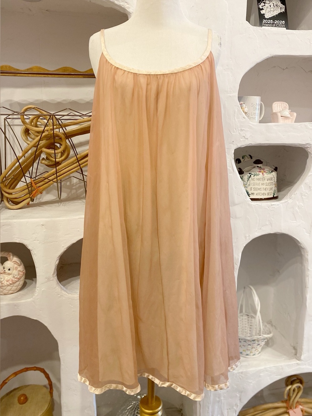 Vintage Nude Beige Sleeveless Chiffon MeshBabydoll Nightgown Dress Satin Trim